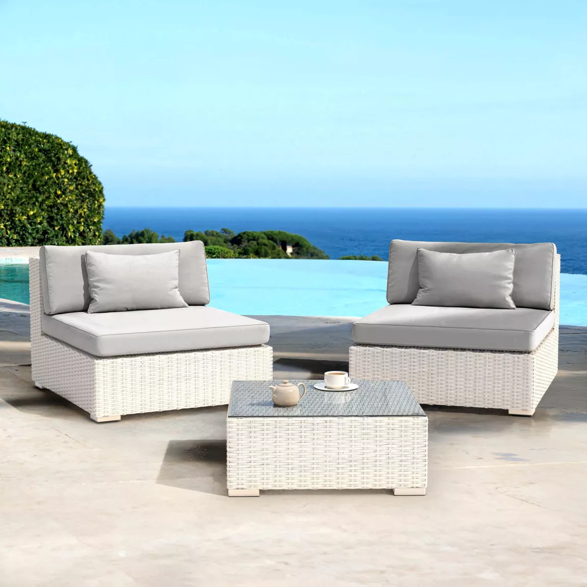 Salon de jardin en résine tressée 2 places 3 pcs Palma Blanc et gris