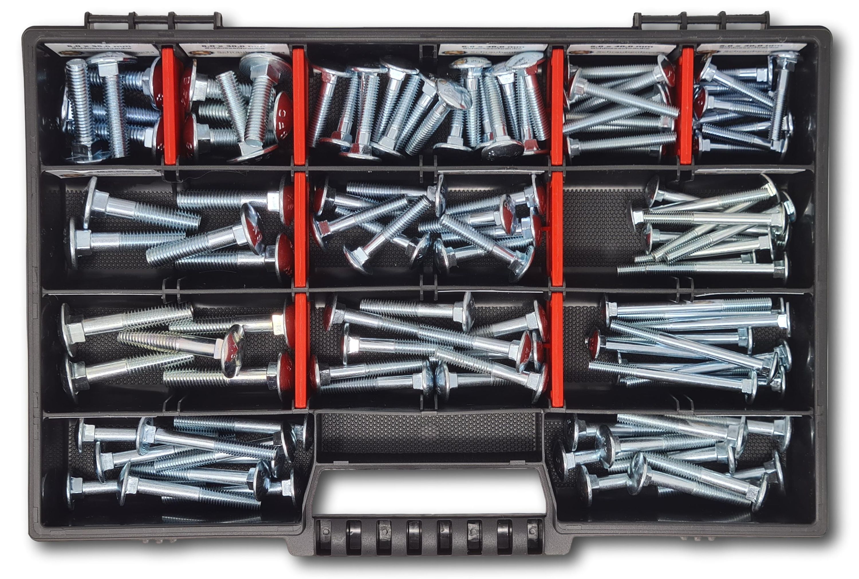 Flachkopfschrauben Sortiment M5-M6-M8 // 30mm-60mm 115 tlg. Schraubenbox DIN 603 Bolzen Vollgewindeschrauben Maschinenschrauben Gewindeschrauben Flachkopfschrauben