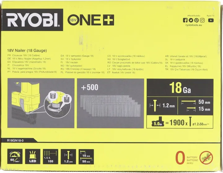 Ryobi R18GN18-0, Hæftepistol, Lige magasin, Sort, Lysegrøn, 1,5 cm, 5 cm, 85,5 dB