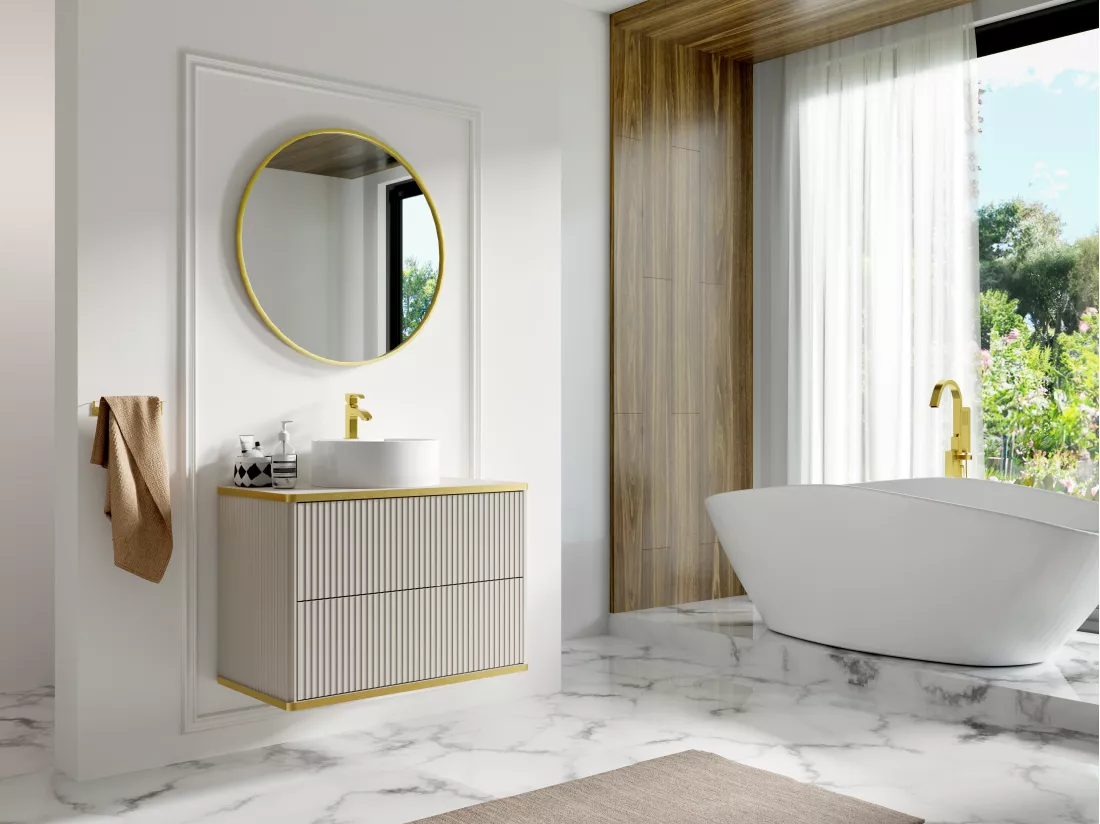 Meuble de salle de bain suspendu strié liseré doré avec vasque à poser ronde - Beige - 80 cm - KELIZA