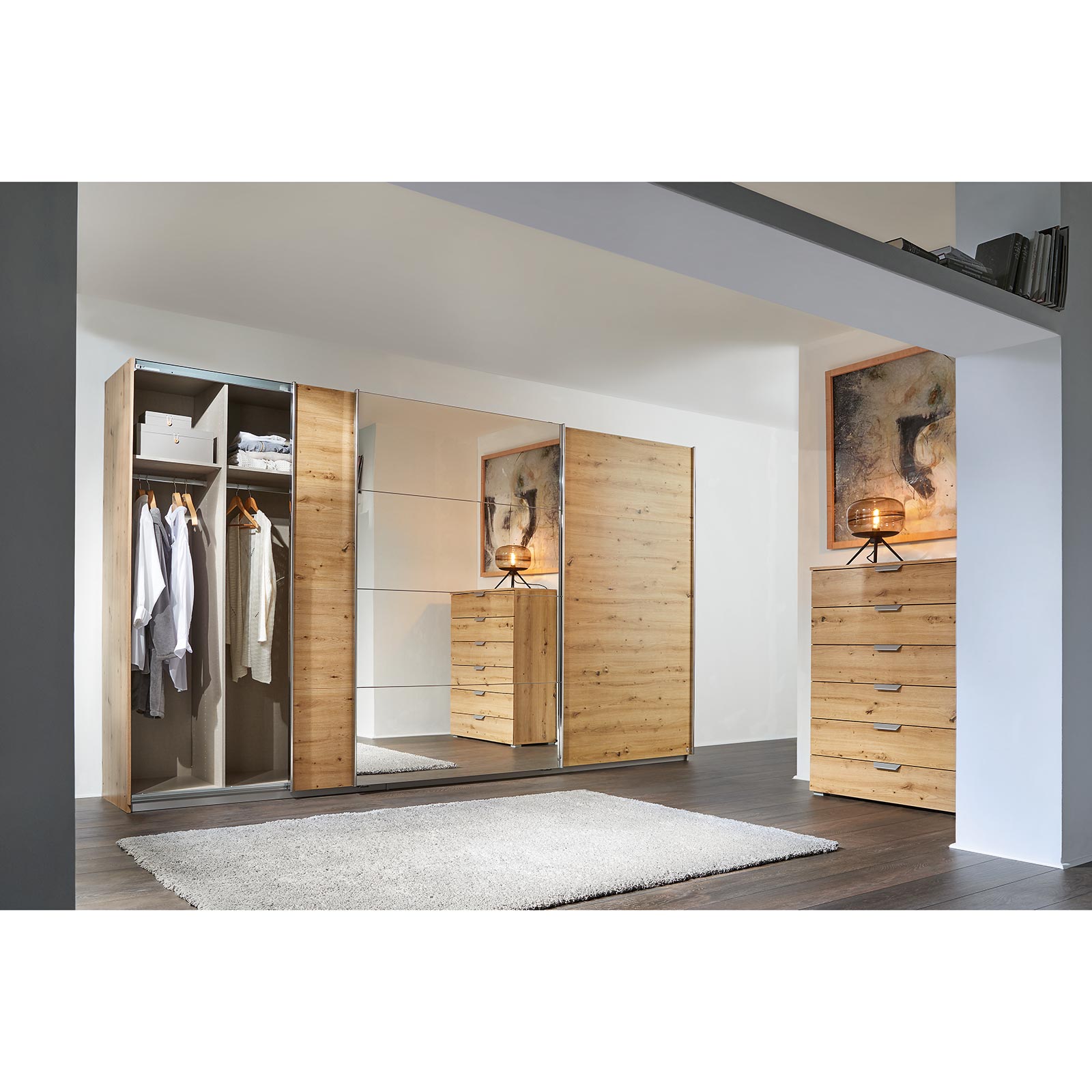 Schwebetürenschrank - Eiche Artisan - mit Spiegel - 360x210 cm