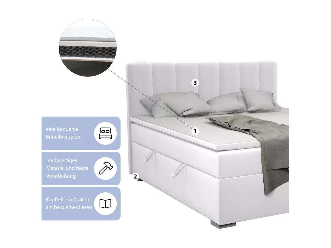LIT BOXSPRING avec surmatelas Monaco 180x200 cm, blanc (Soft 17)