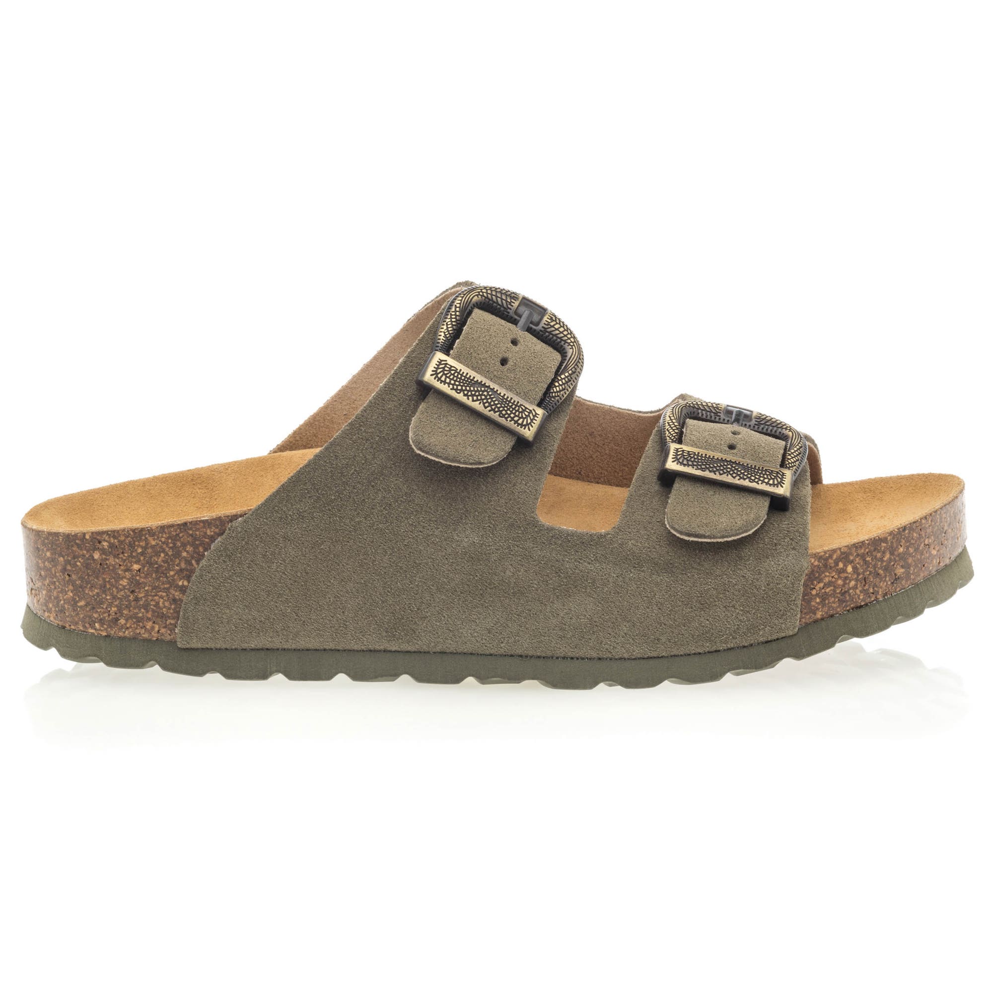 Mules semelle liège Femme en cuir kaki