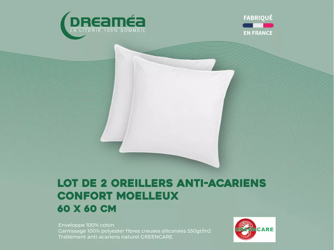 Lot de 2 oreillers traitement anti-acariens naturel Greencare - 60 x 60 cm - 550 gr - Blanc - coton - AZYLIA
