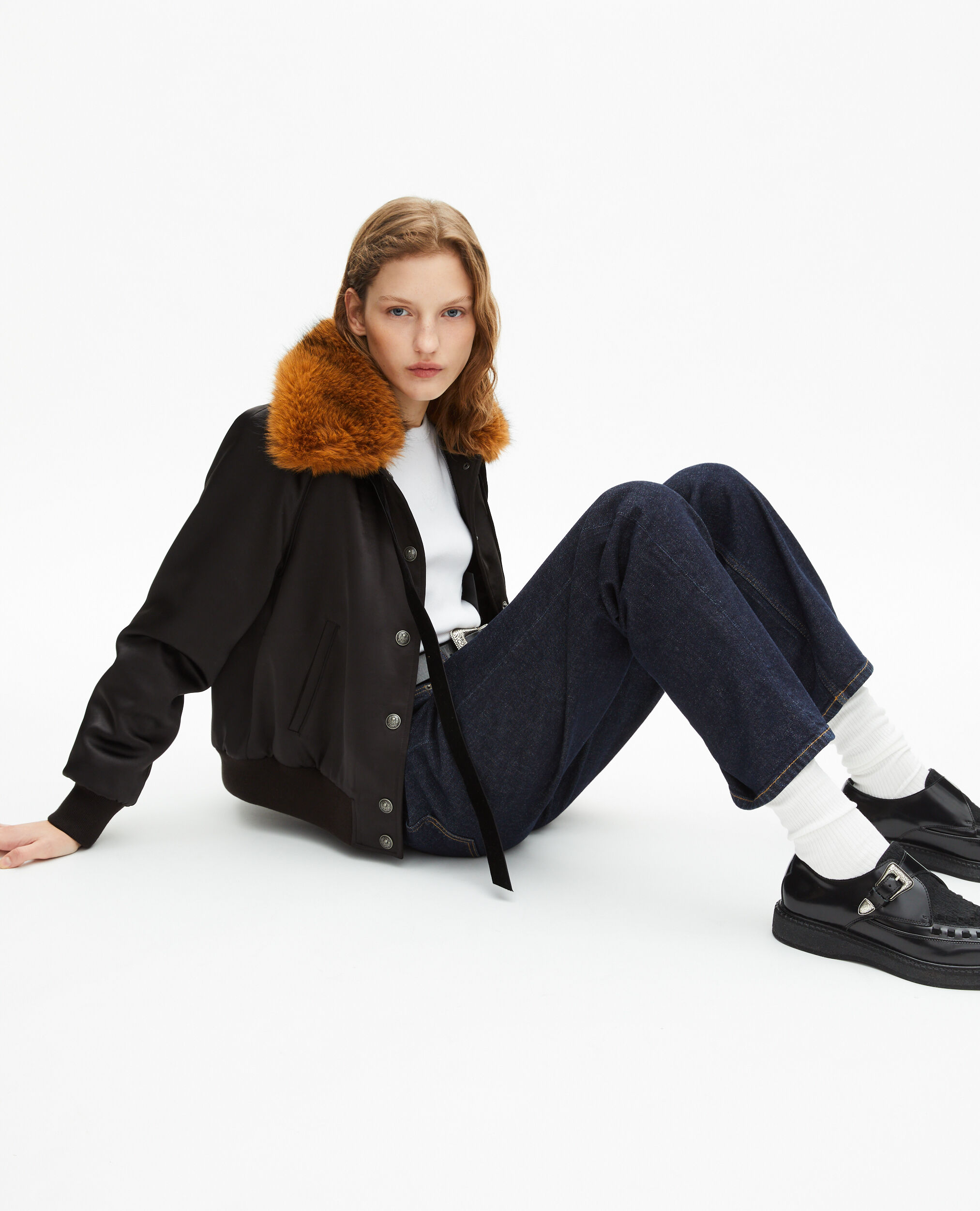 Blouson col fourrure satiné noir