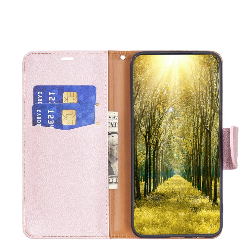 iPhone 14 Pro Leder Tasche Flip Cover im Litchi Look mit Kartenfach   Handschlaufe - Roségold