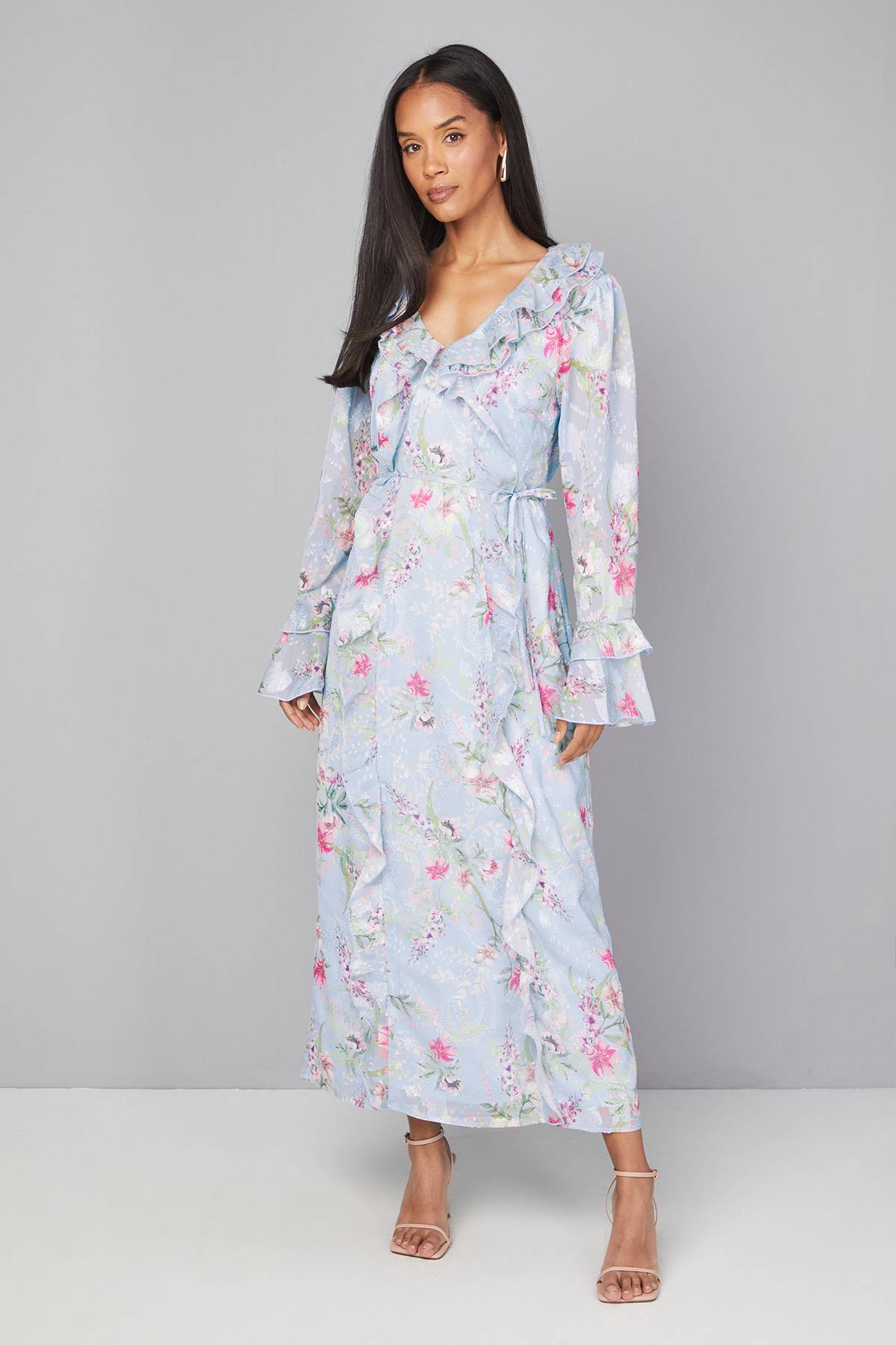 Wallis Robe Midaxi Fleurie à Volants avec Ceinture
