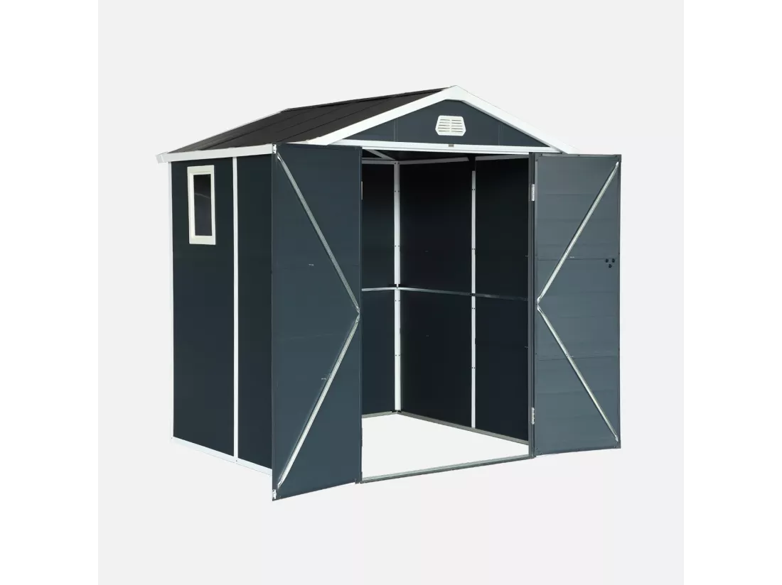 Abri de jardin plastique 3.65 m². anthracite. acier et aluminium. toiture en double pente et grande porte d'entée. 192 x 190 x 219cm