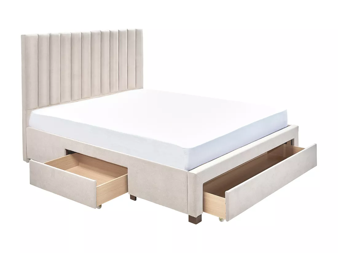 Lit avec 3 tiroirs 160 x 200 cm - Tissu - Beige + Matelas - LIAKO