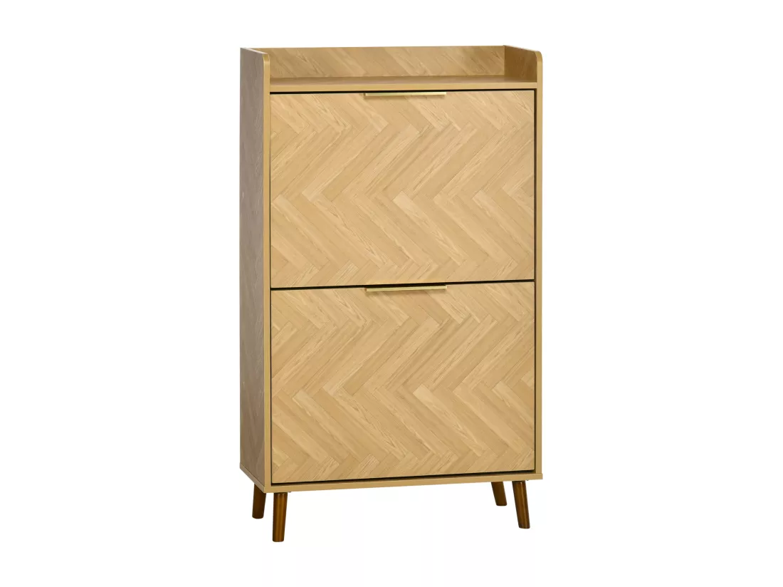 Meuble à chaussures design scandinave 2 portes abattantes 3 étagères piètement effilé incliné bois hévéa panneaux aspect chêne clair chevrons