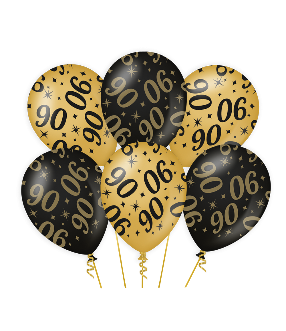 Ballonnen 90 Jaar Goud Zwart 30cm 6st
