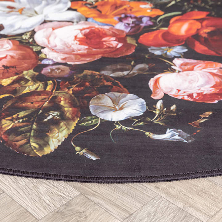 Rond bloemen vloerkleed - Florine Zwart/Oranje | Kleurrijk