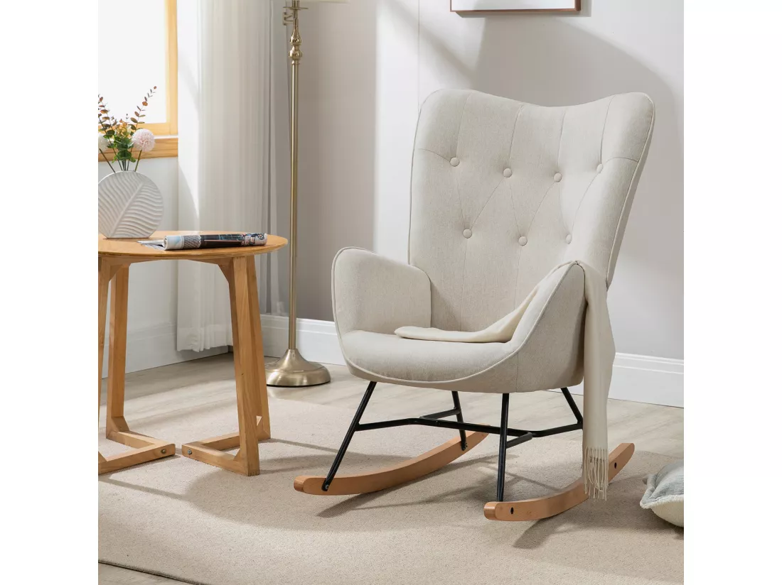 MEUBLES COSY Fauteuil à Bascule Allaitement Rocking Chair Scandinave Chaise Loisir Revêtement en Tissu avec Pieds en Bois Massif pour Salon, Chambre, Le balcon, Beige