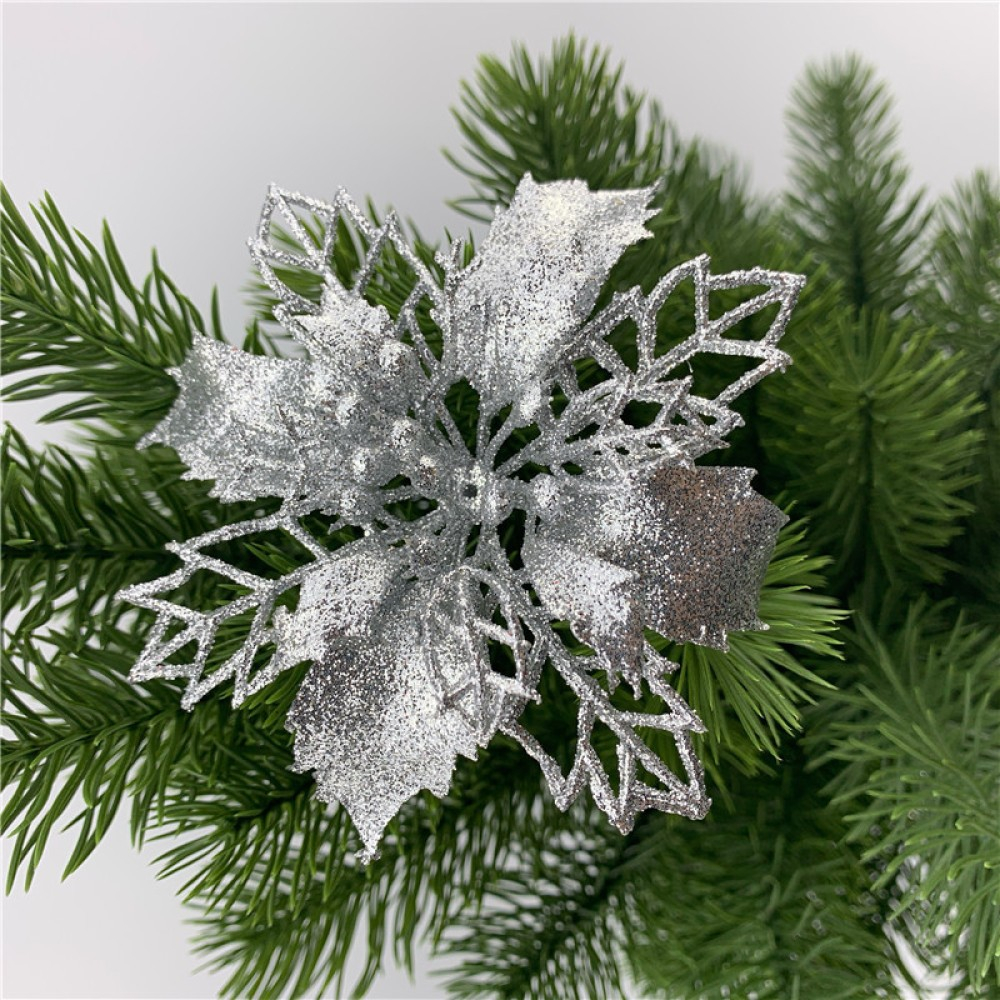 (10er Set) Christbaum Schmuck Glitzer Blumen Deko Ornamente - Silber