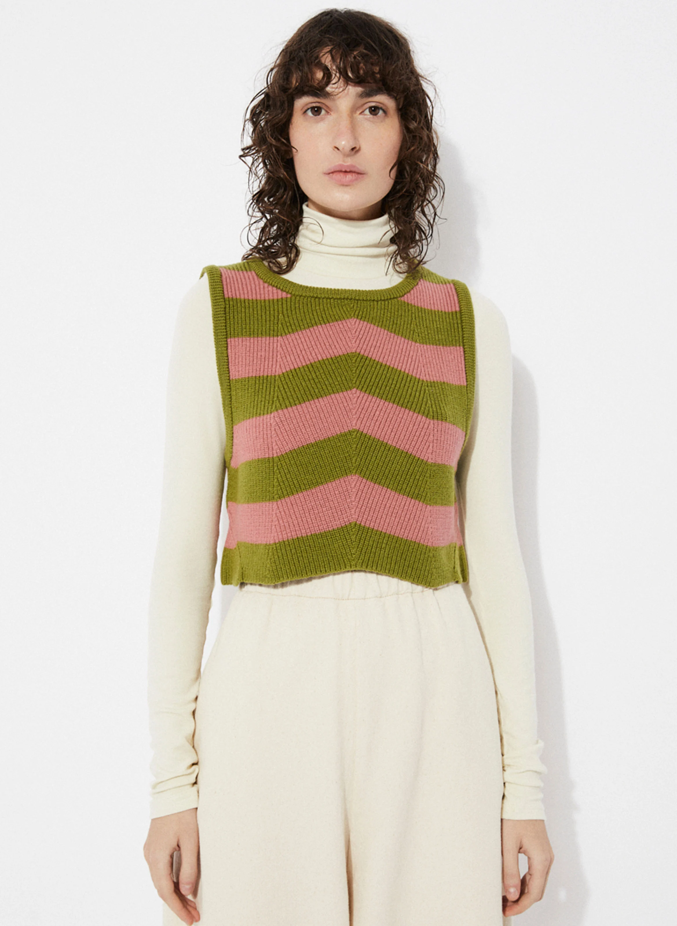 ANNIE - Pull sans manches rayé en laine| Vert