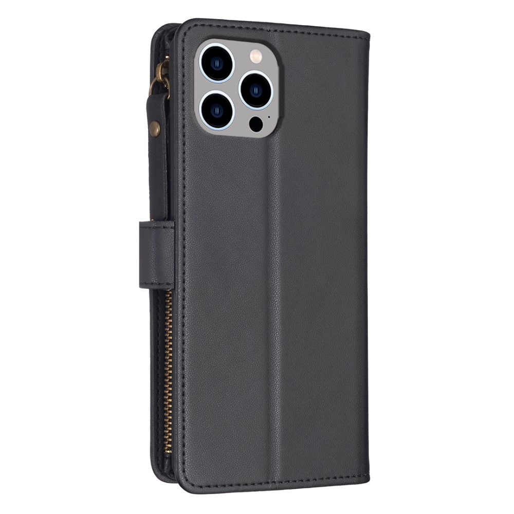 iPhone 15 Pro Max Leder Wallet Etui Tasche mit 9 Kartenfächern   Münzfach - Schwarz