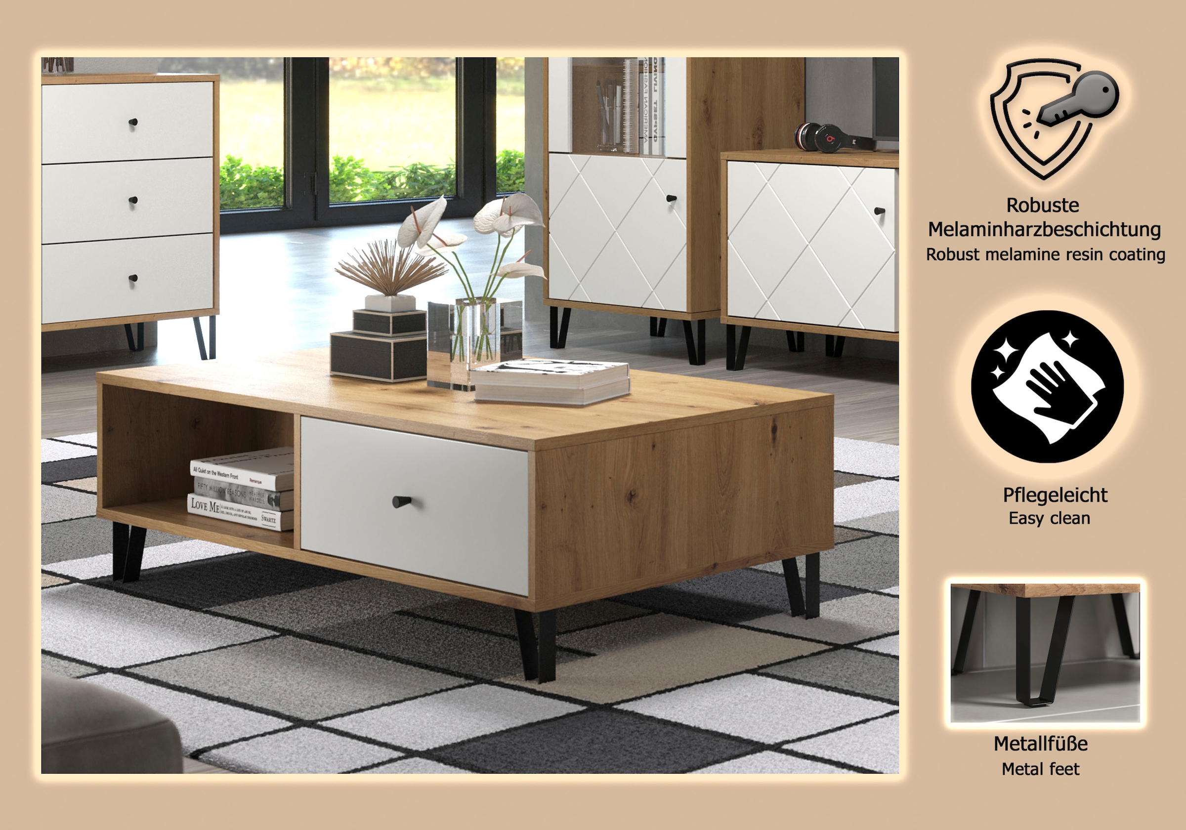 PLACES OF STYLE Couchtisch »Tarragona« Couchtisch m. 2 Schub.K, 2 Fächern & Soft-Close - (B/T/H) 110/60/37 cm