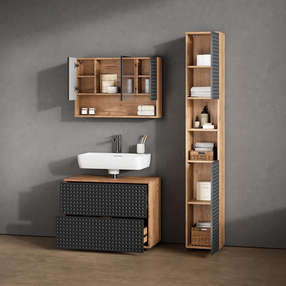Livinity Badmöbel-Set Ronco, Anthrazit gepunktet, 3 Teile, mit Spiegelschrank 80 cm