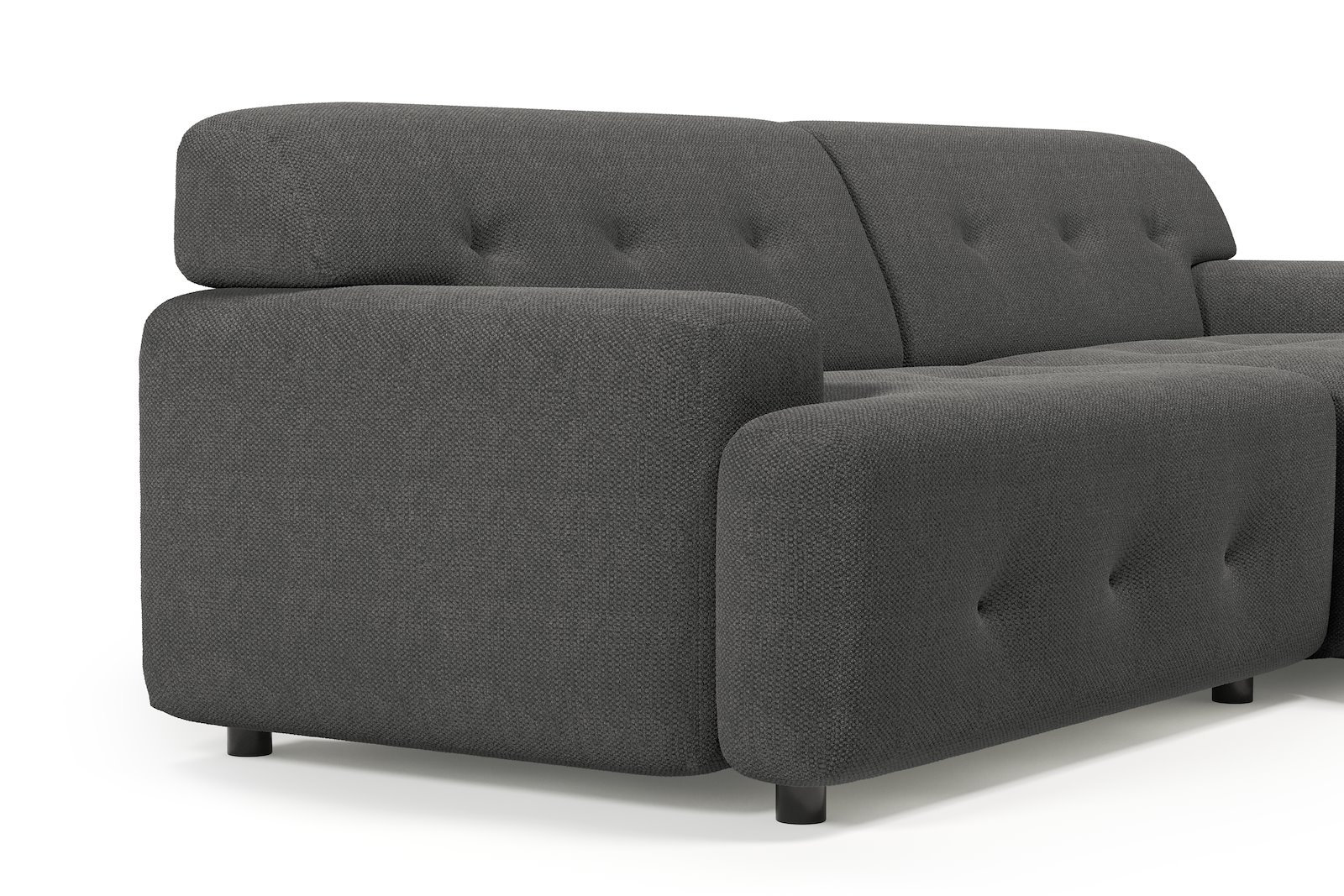 Bob sofa 1,5-seter med sjeselong høyre. Tekstil Mito 169 Antracite med sorte ben.
