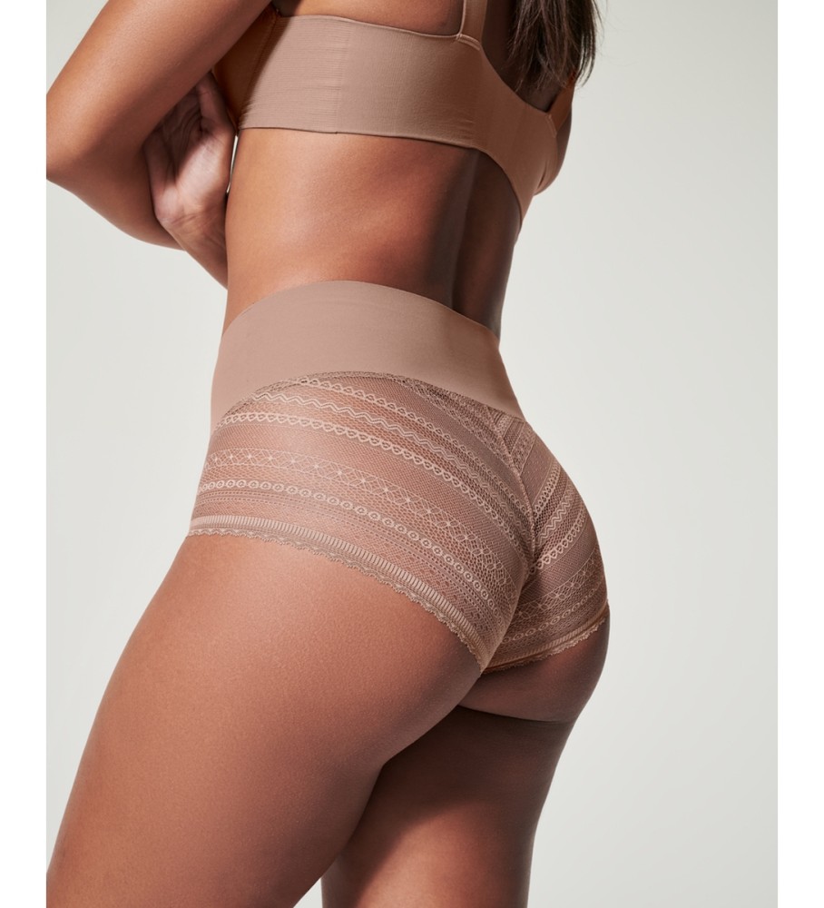 Calcinha de cintura alta SPANX com renda marrom
