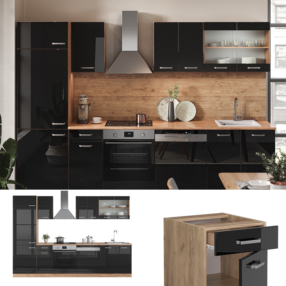 Vicco Küchenzeile R-Line Solid Eiche Schwarz 300 cm modern Küchenschränke Küchenmöbel