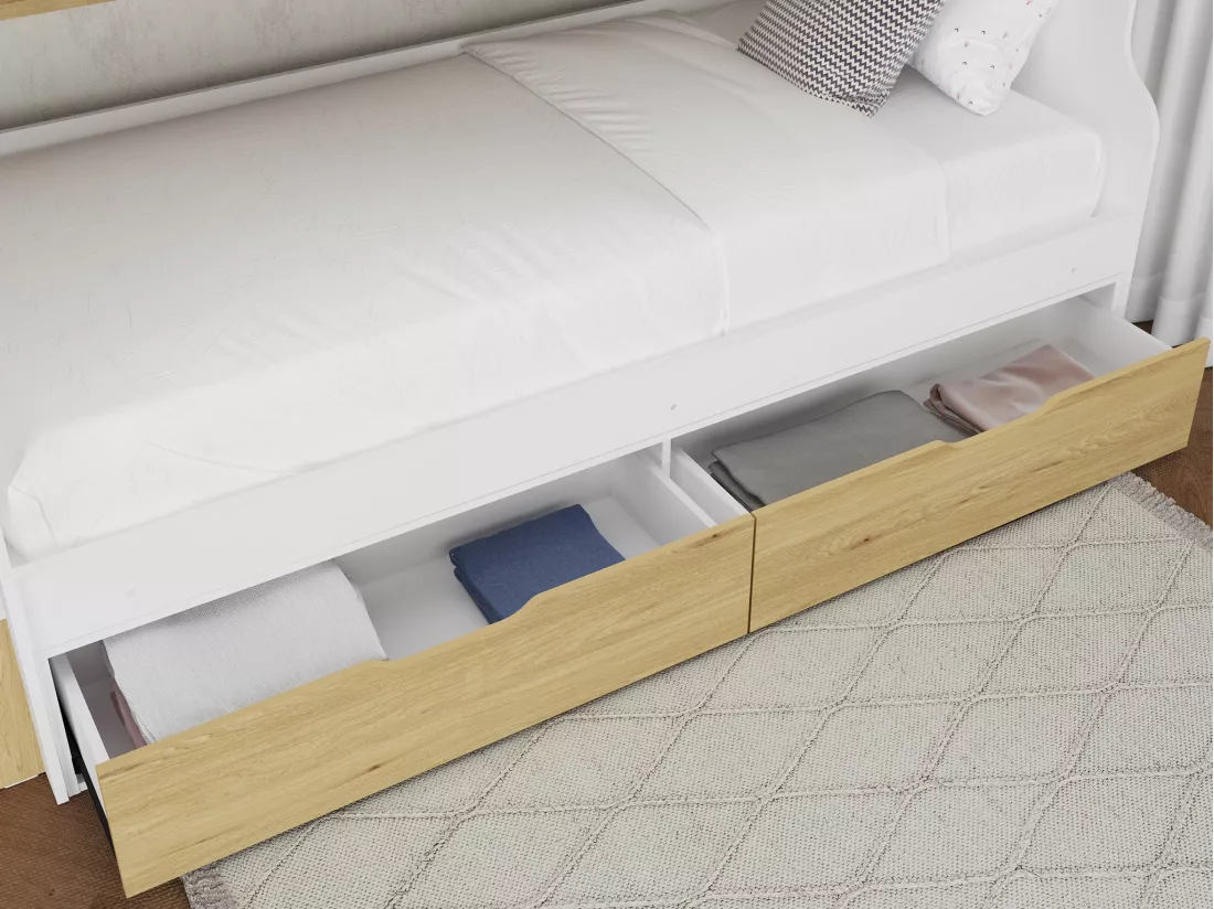 Lit superposé 90 x 190 cm - Avec rangements - Blanc et naturel + Matelas - YALOVA