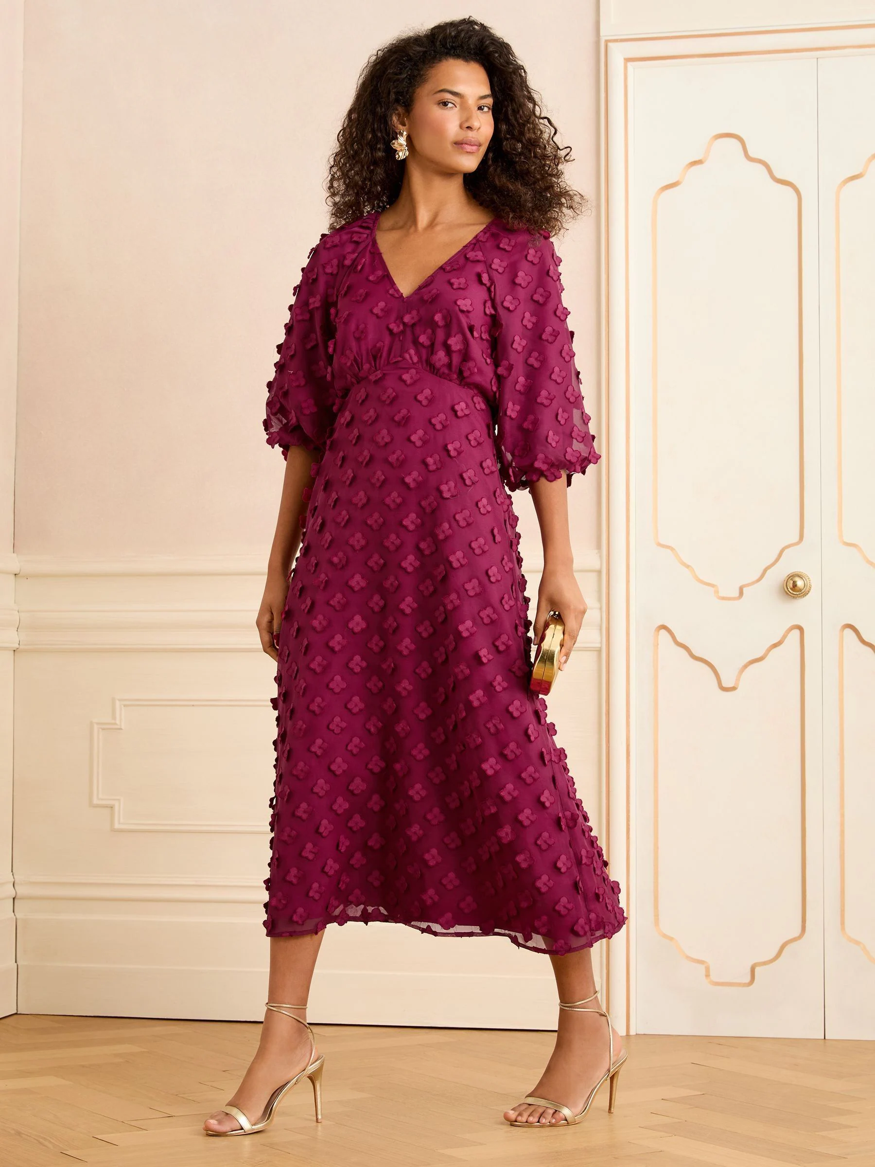 Rood - Love & Roses 3D Bloemen V-hals midi-jurk met pofmouwen