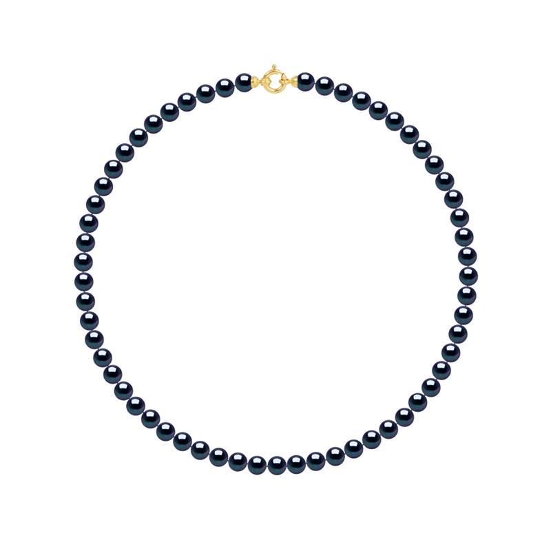 Collier Rang PRINCESSE Perles d'Eau Douce Rondes 6-7 mm Noires Fermoir Prestige Or Jaune