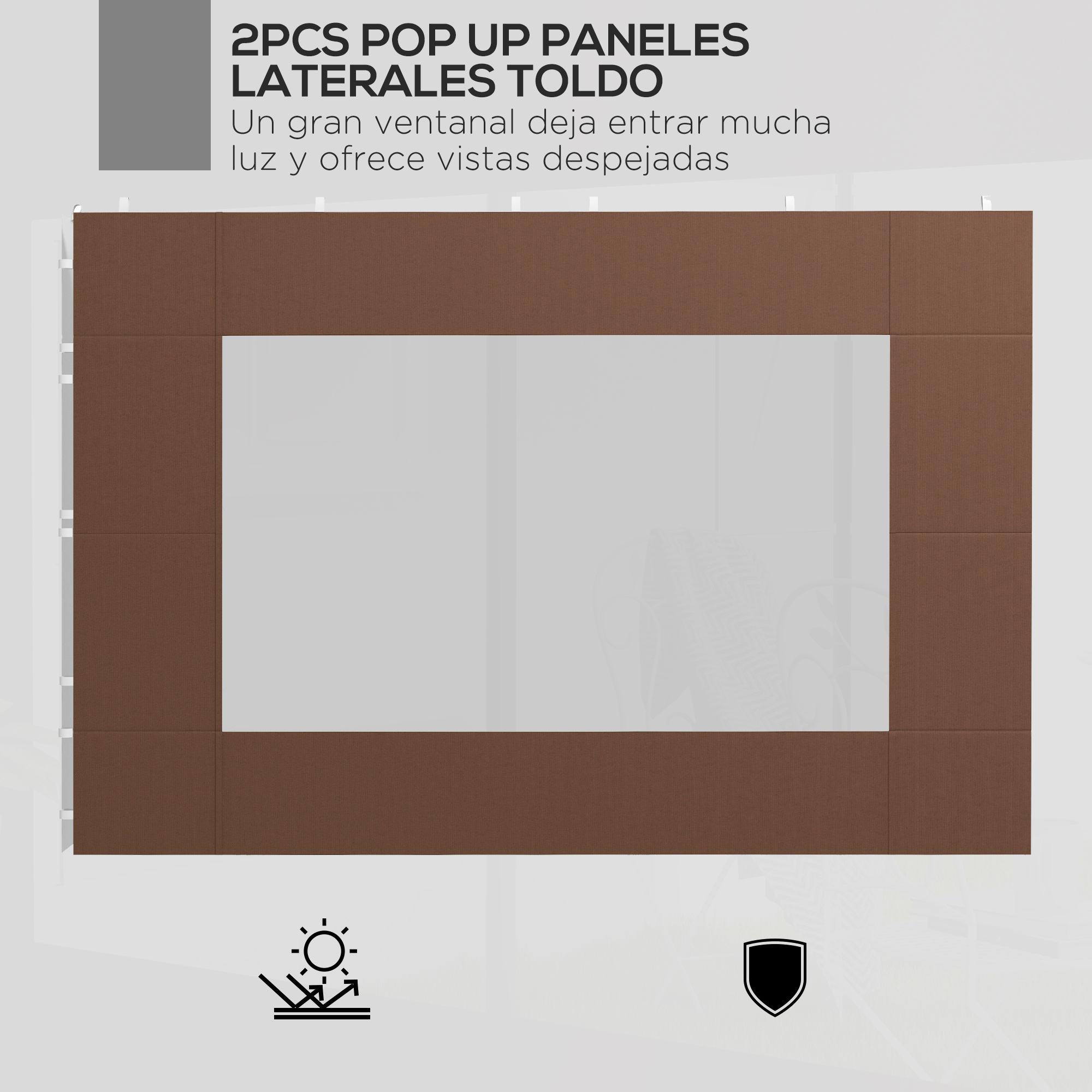 Paredes laterais de substituição Outsunny de 2 painéis, 295x195 cm, em tecido Oxford, com janela, para tendas de 6x3 m e 3x3 m, castanhas.