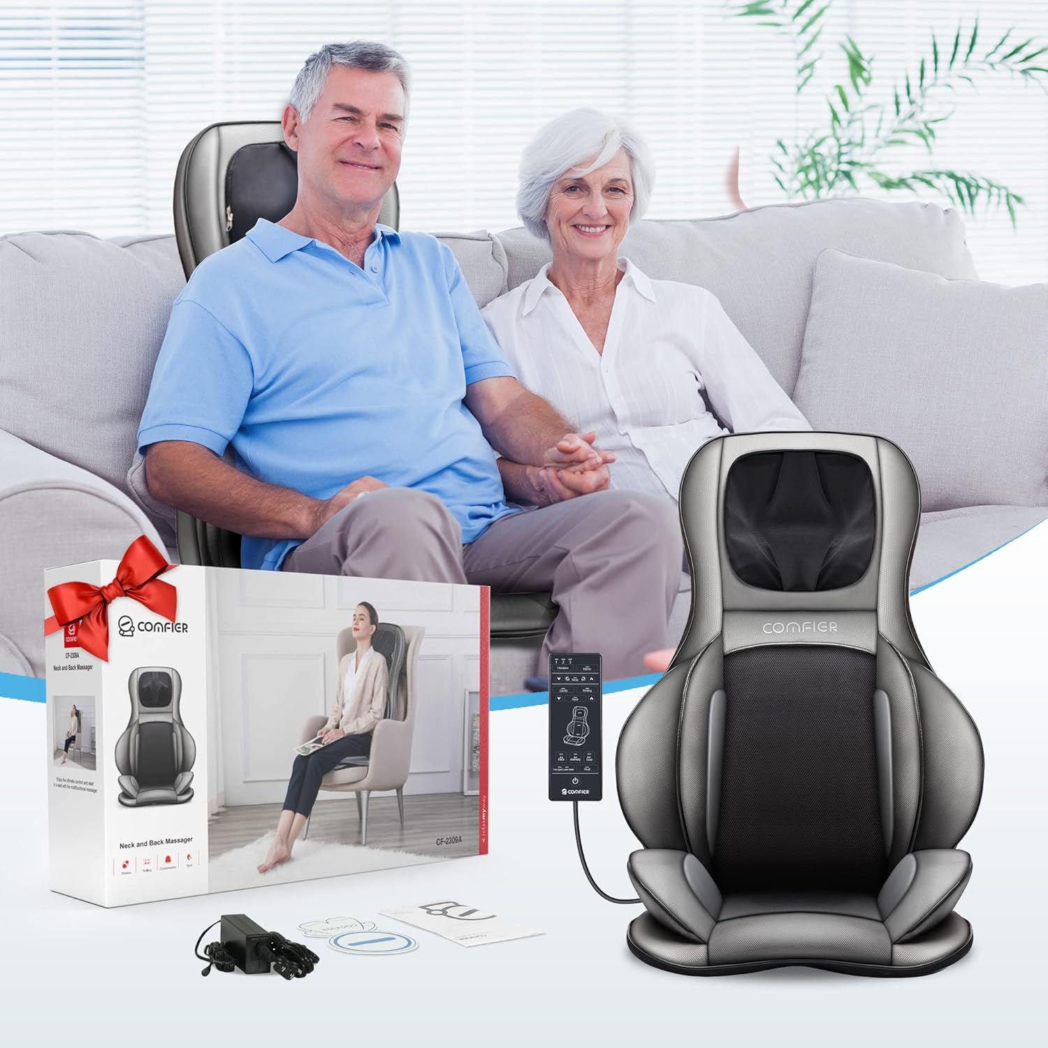 COMFIER Siège Massant Shiatsu pour Dos & Cou - Masseur de Dos Complet à Pétrir 2D/3D avec Chaleur et Compresse réglable, Fauteuil Massant pour hanche/nuque/dos, Masseur Complet du Corps