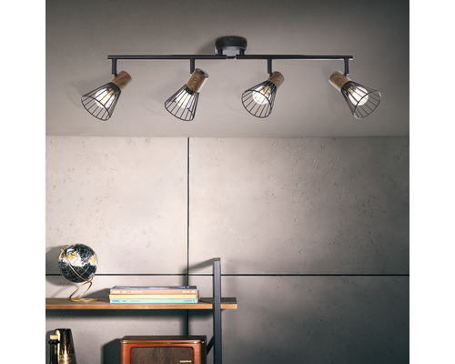 Plafondspot, 4-lichts, HxL 18x60,5 cm, donker hout/zwart/mat