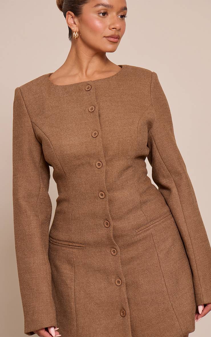 Chocolat Robe Mini Ajustée Boutonnée Shape Aspect Laine