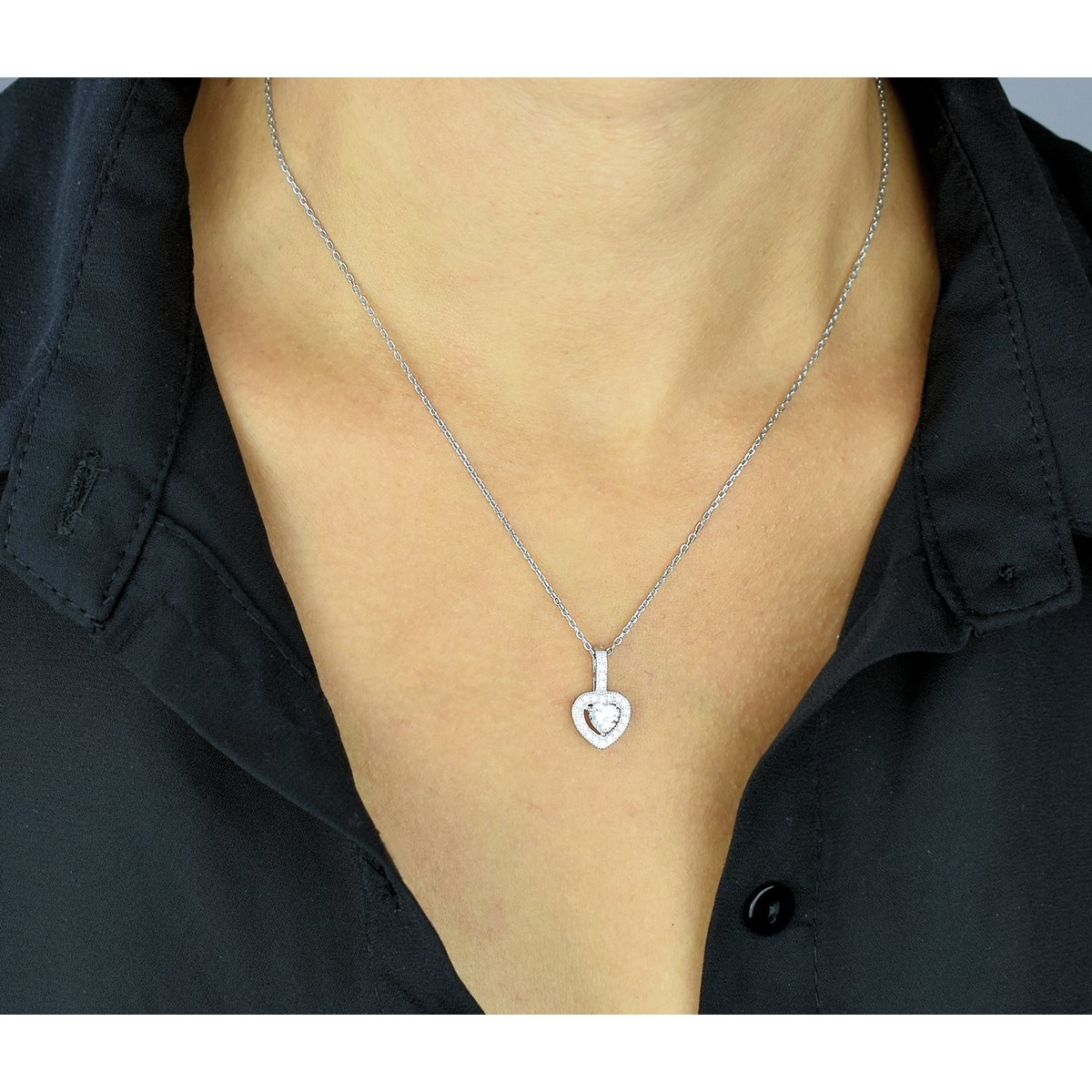 Collier 2 coeurs oxyde de zirconium Argent 925 Rhodié