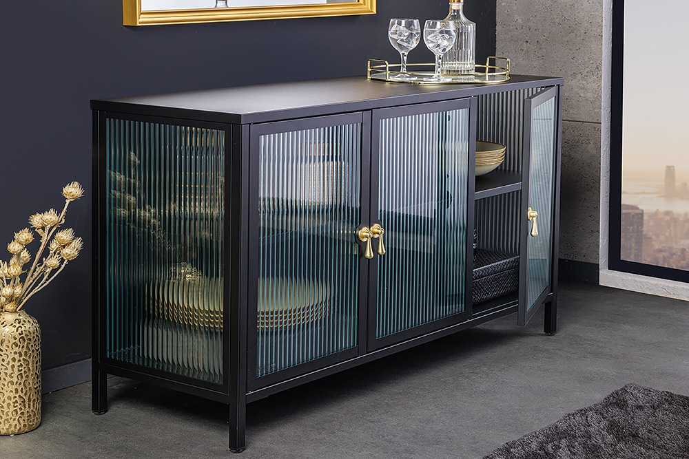 riess-ambiente Sideboard AMSTERDAM - 105cm greige gold Riffelglas Metall Vitrine Schrank Modern