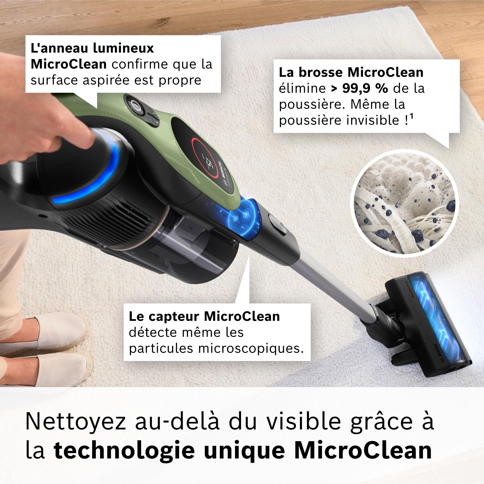 Bosch, aspirateur Balai sans Fil, Unlimited 9, Batterie 3.0 Ah, Technologie MicroClean, bac à poussières Facile à Vider, éclairage LED, Vert, BBS921TB