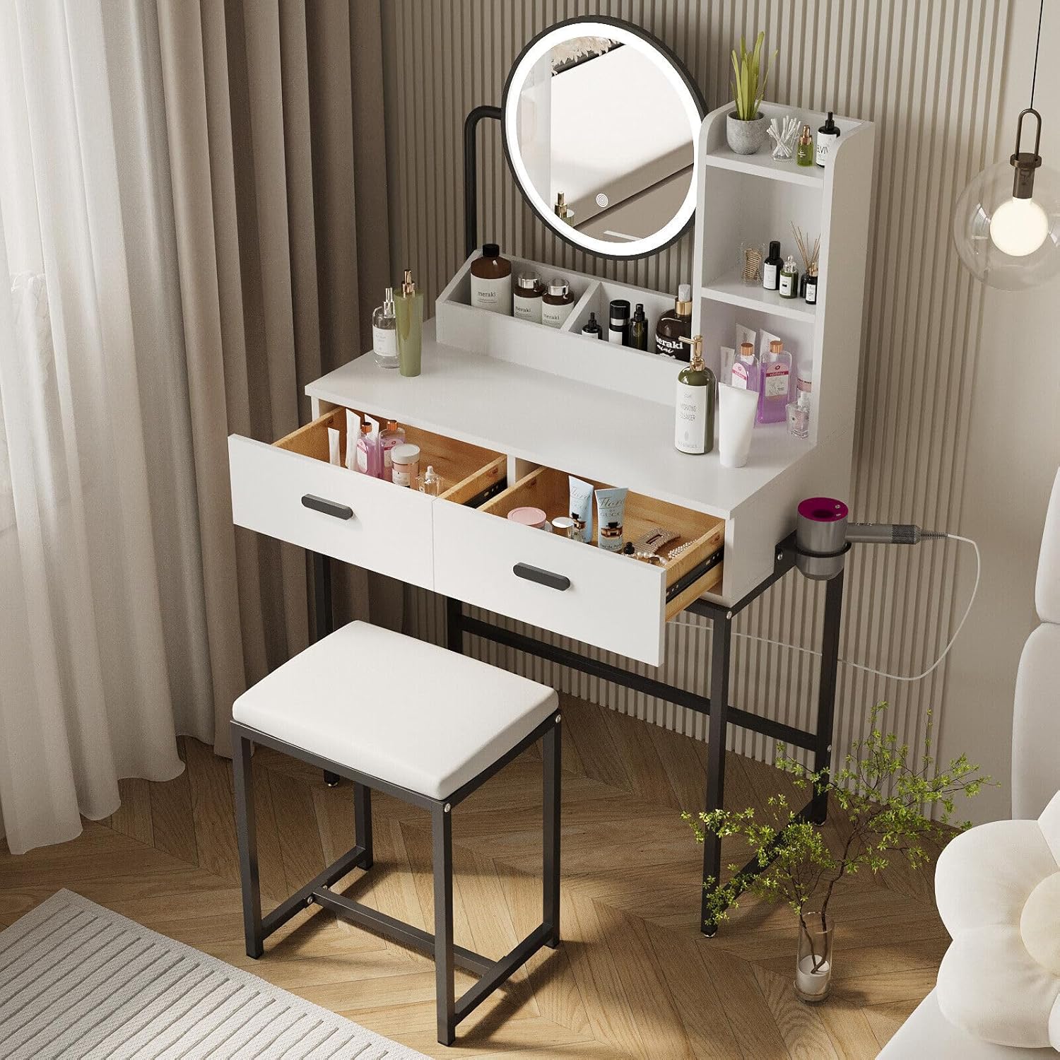 Fullwatt Schminktisch mit LED-Beleuchtung, Schminktisch mit Spiegel und Hocker, 3 Farben, Einstellbarer Helligkeit, Frisiertisch mit 2 Schubladen und 5 Offene Ablagen, Haartrocknerhalter, Modern, Weiß