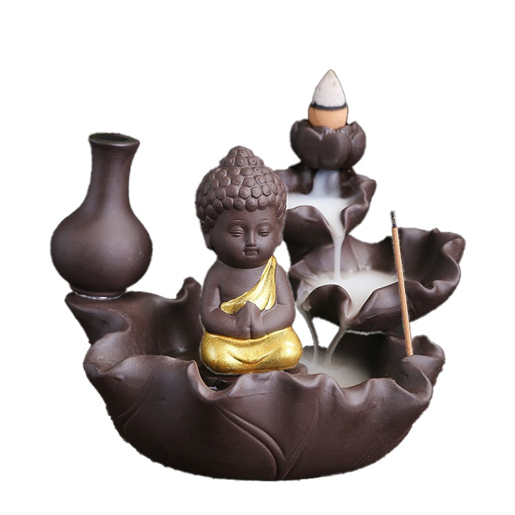 (14x10cm) Keramik Buddha Räuchergefäss Zen Weihrauch Brenner Home Deko Räucher Brunnen - Braun / Gold