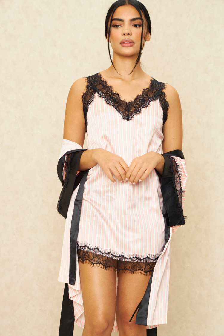 Ensemble 2 pièces pyjama rayé rose/blanc kimono + nuisette