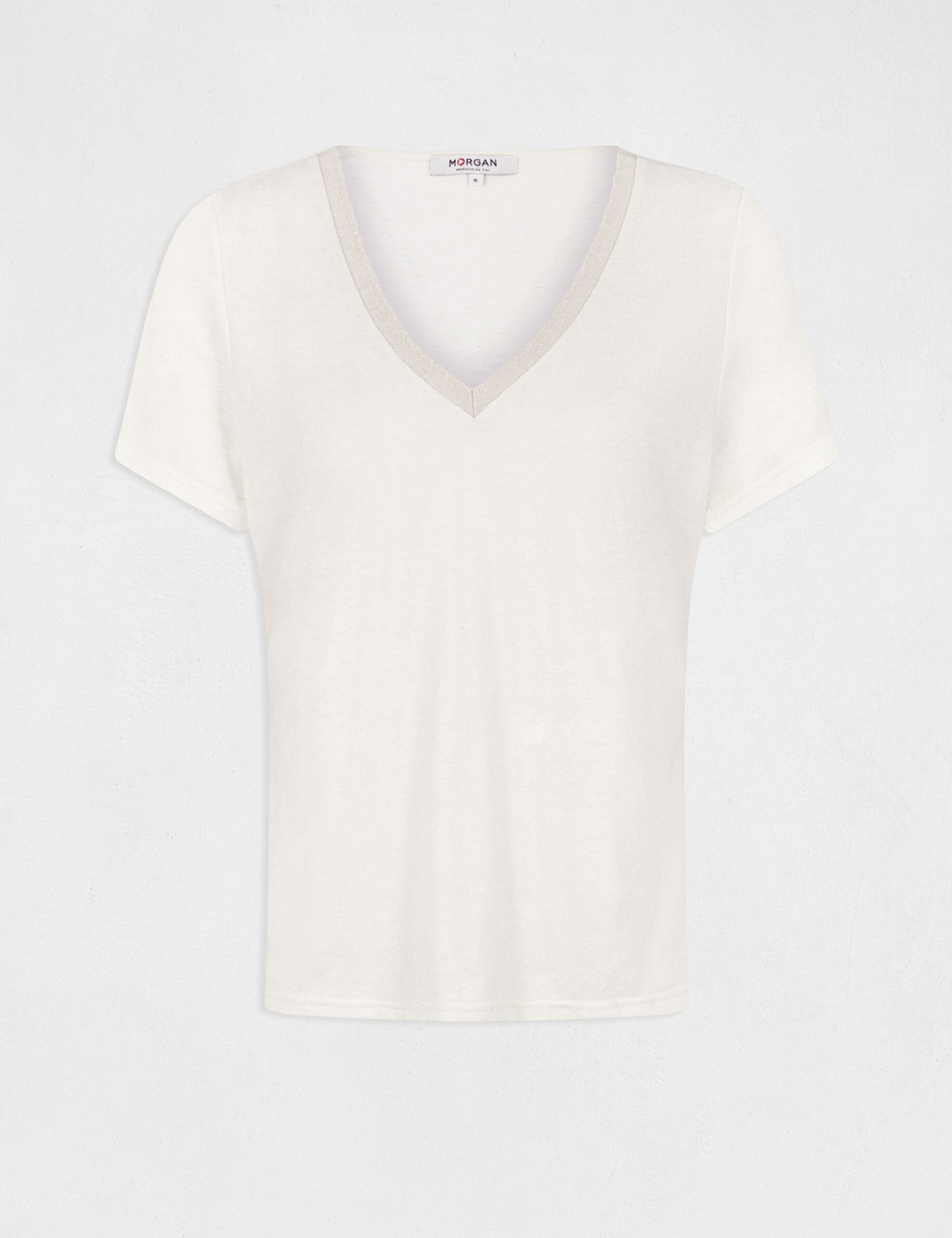 T-shirt manches courtes col en V ecru femme - ecru