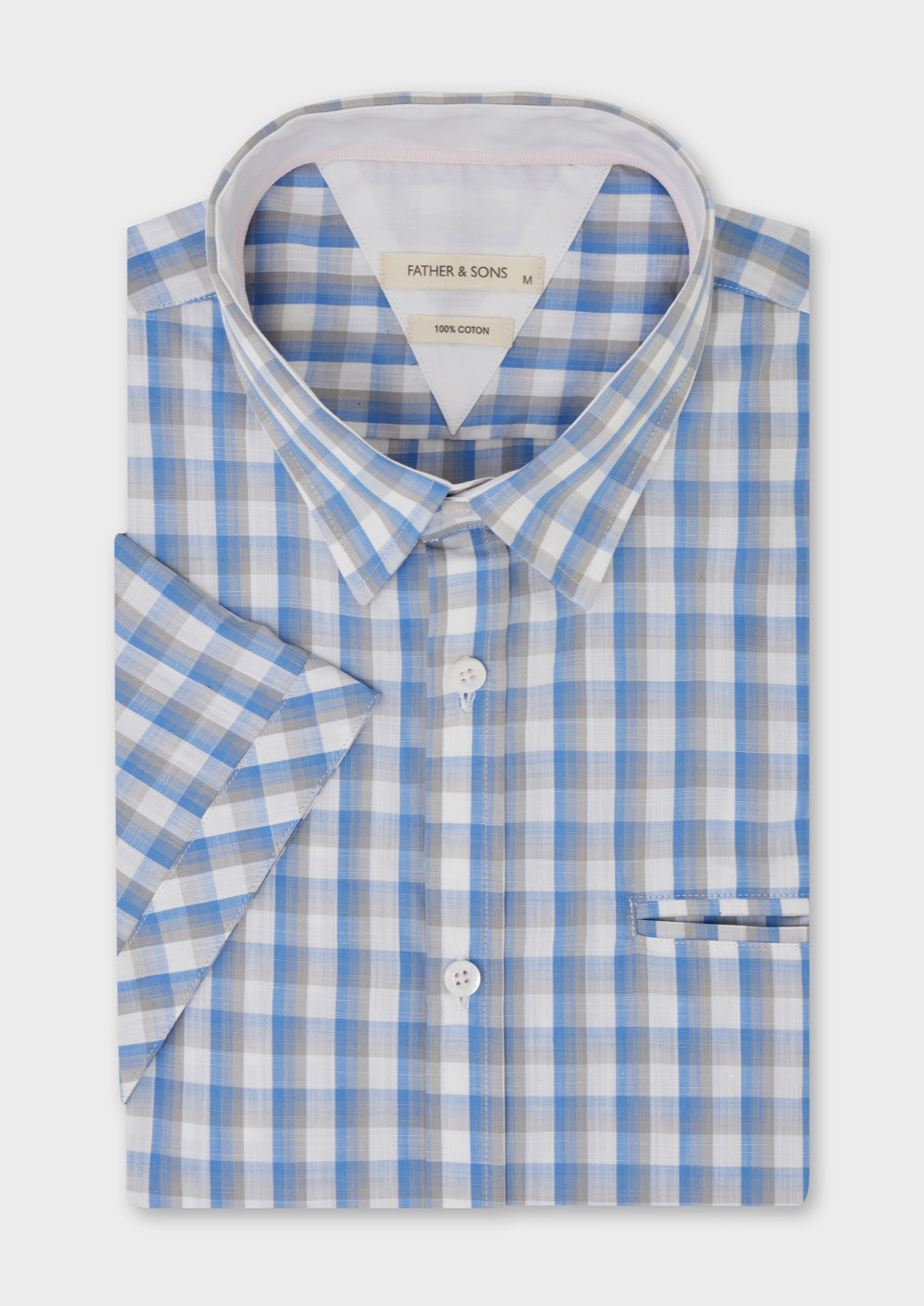 Chemise manches courtes Slim en popeline de coton bleu ciel à carreaux