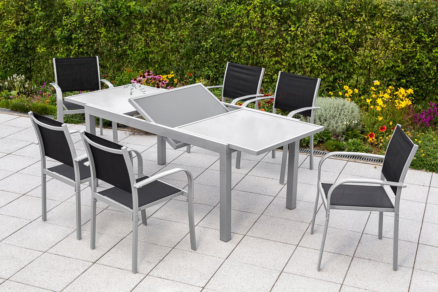 Ostia 7-delige tuinmeubelset, stapelbare stoelen, uitschuifbare tafel 160 (220) x 90 cm, zwart