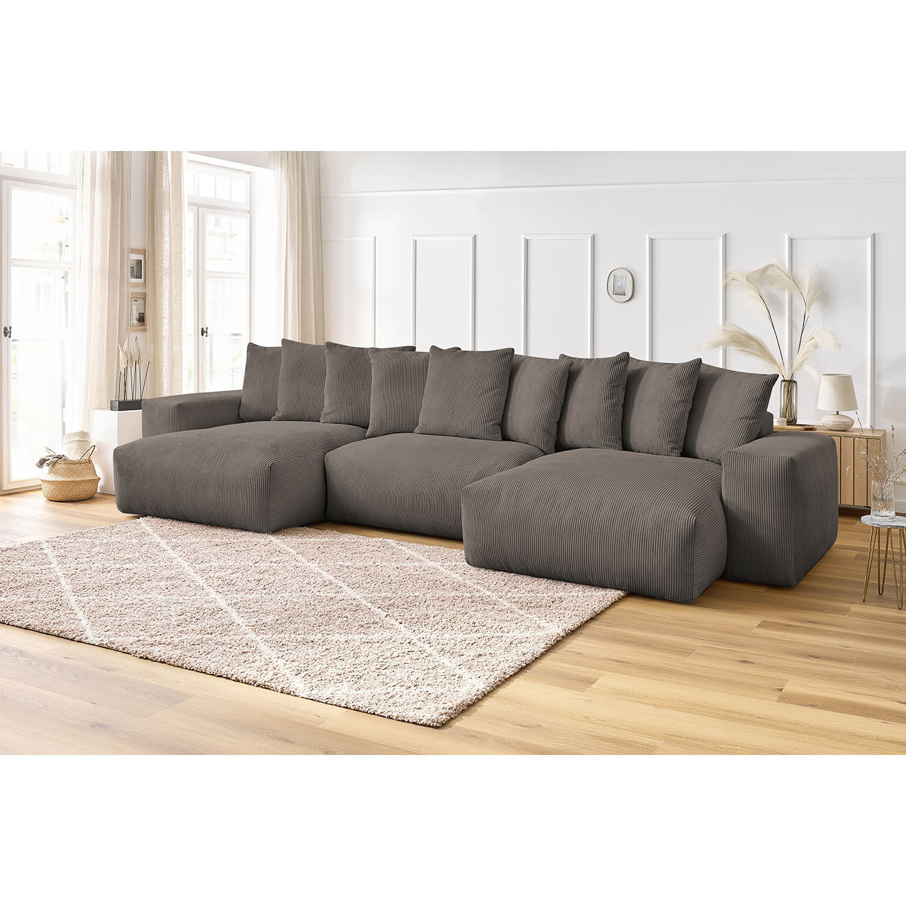 Bobochic Canapé panoramique fixe ultra moelleux voltaire velours côtelé taupe - 420x174x75 cm