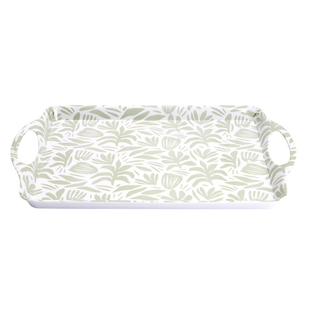 Plateau rectangulaire blanc motif feuillage vert sauge 34x50,5cm