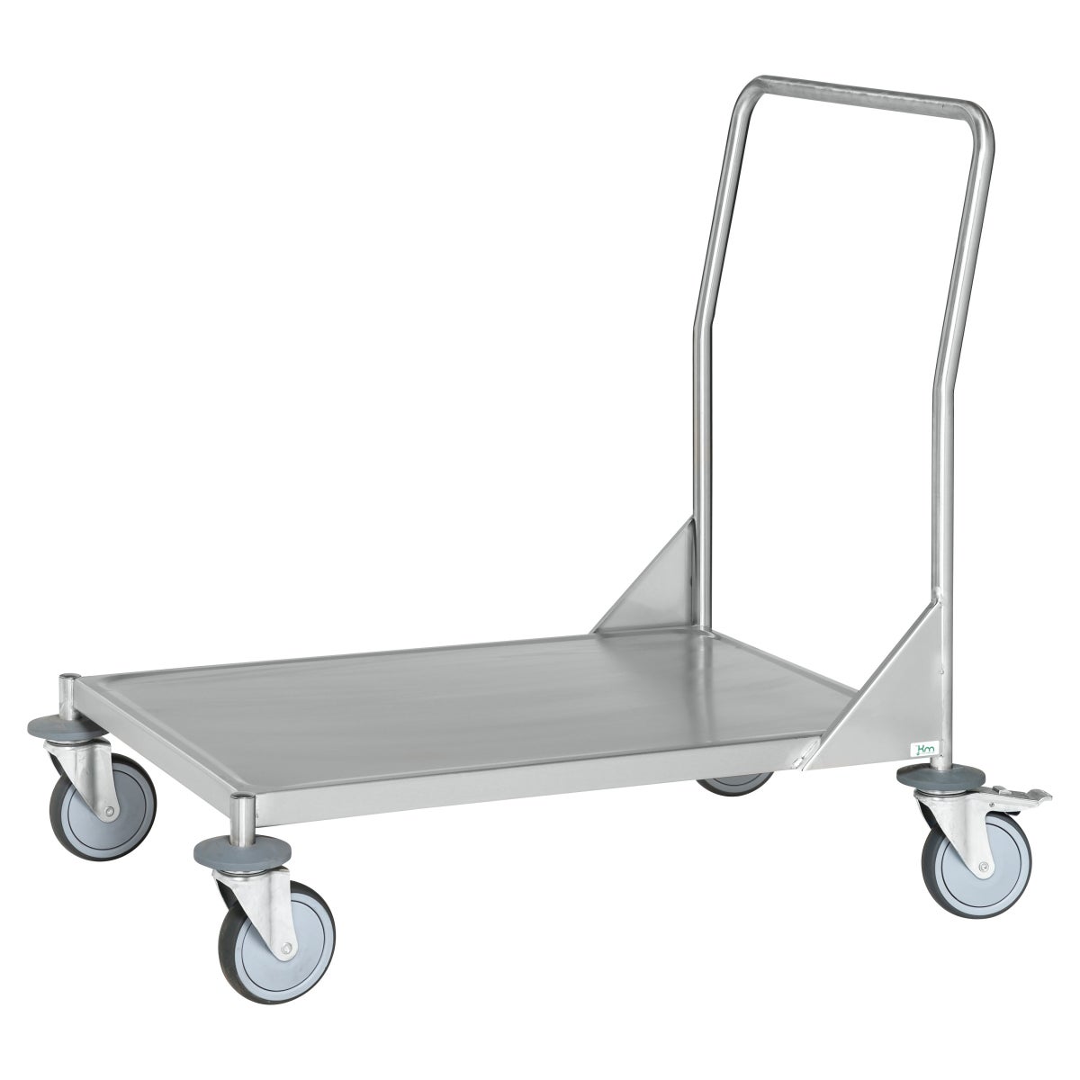 Kongamek roestvrijstalen platformwagen met duwbeugel, 1 plank 800x500mm, rubberen banden en rem
