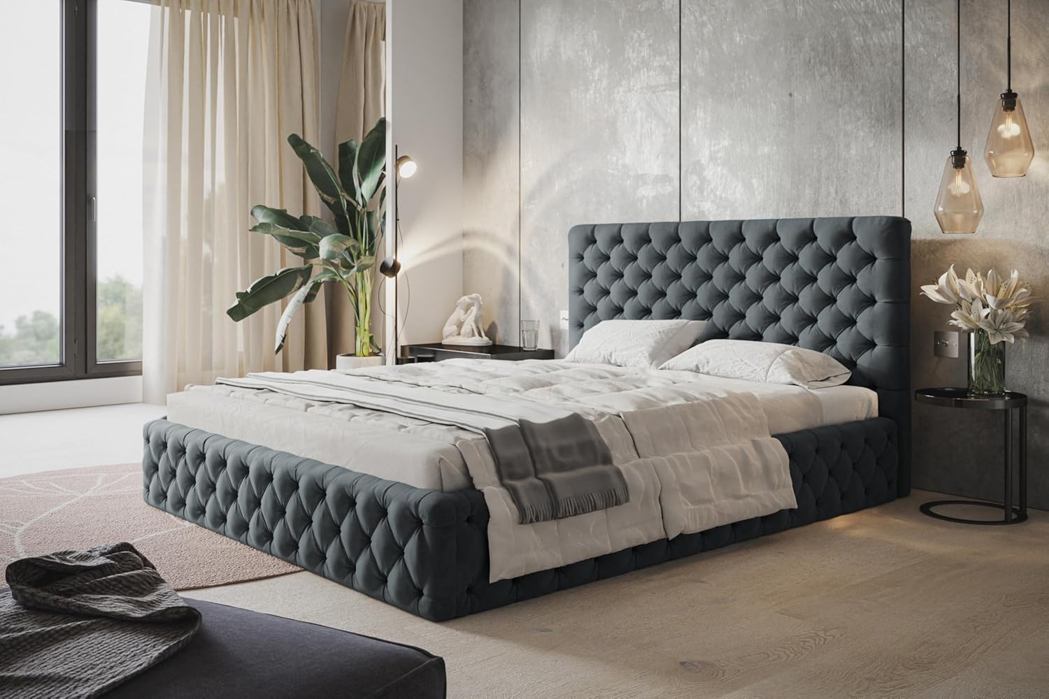Bett 120x200 - Polsterbett mit Bettkasten und Holzrahmen - Elegant Betten - Weicher Jasminstoff - Kollektion Miami, Dunkelgrau