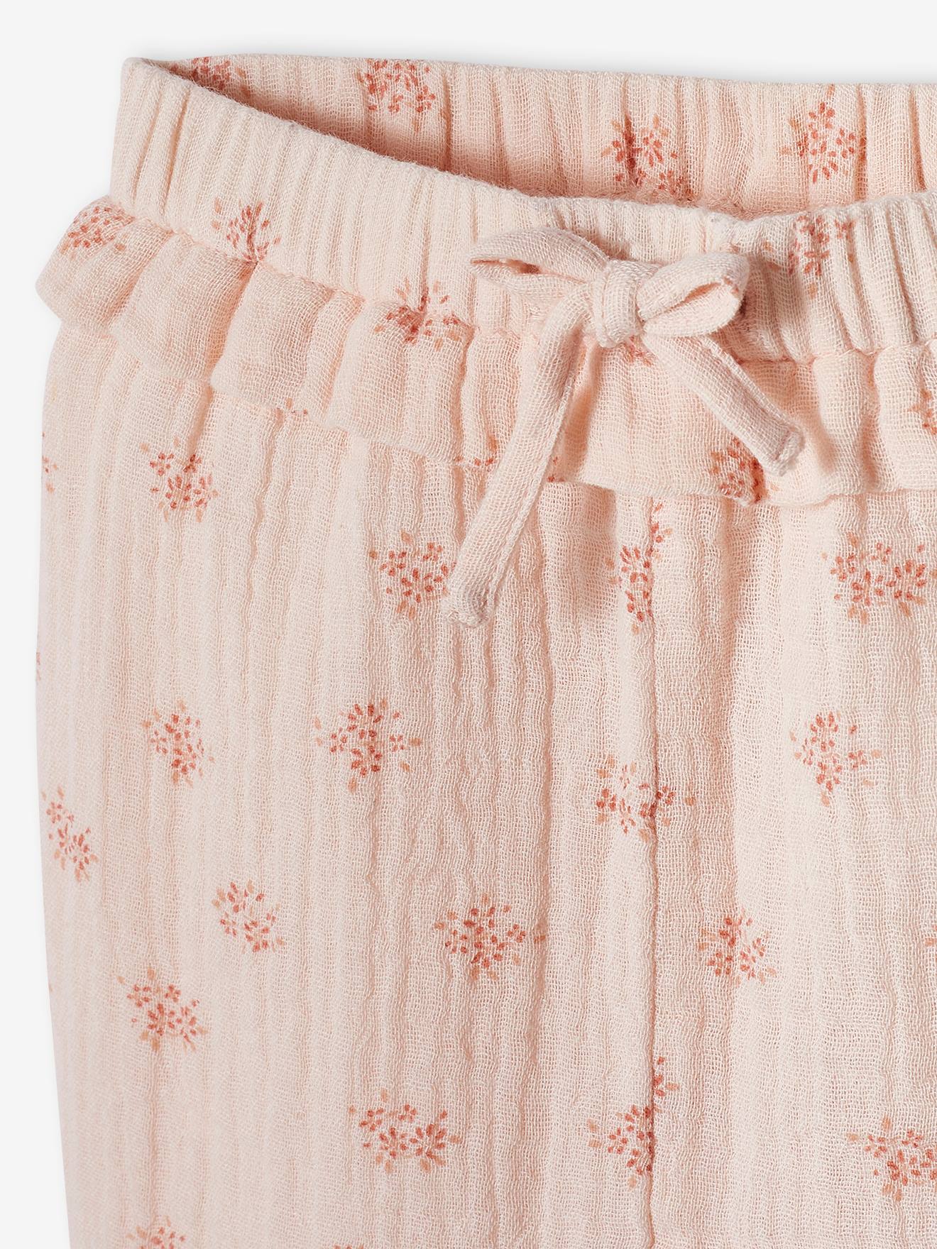 Calças de chiffon de algodão para bebê, rosa claro