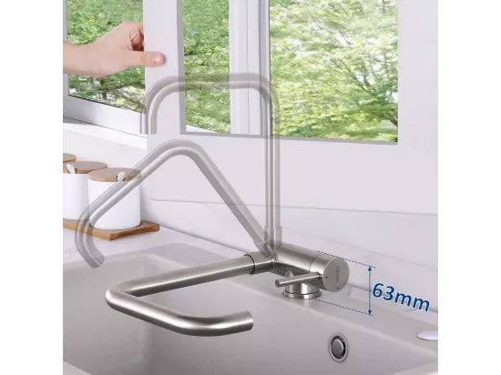 Mitigeur de Cuisine Rabattable Lonheo MAX, Pivotant à 360°,Robinet de Cuisine avec Poignée Pliable Contre Fenêtre,Robinet Mitigeur Evier Inox 304