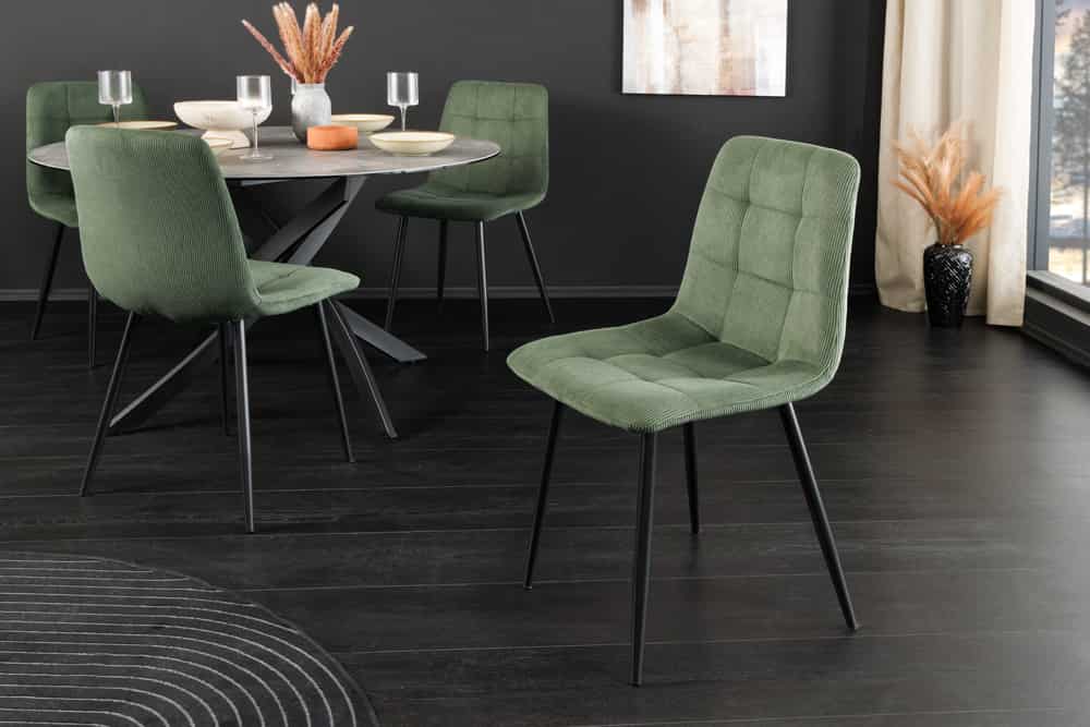 Moderner Design Stuhl TRES CHIC grün Cord schwarze Metallbeine Esszimmer
