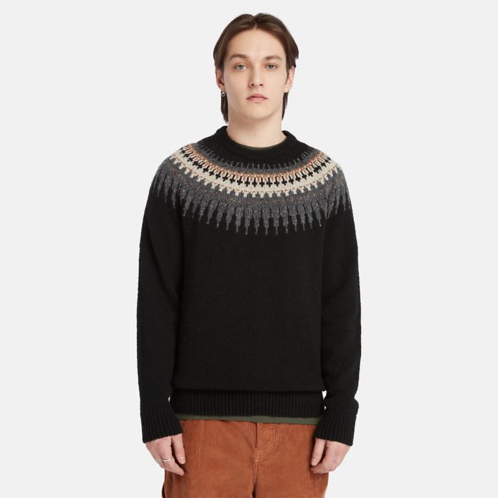 Suéter masculino de manga comprida com estampa Fair Isle na cor preta.