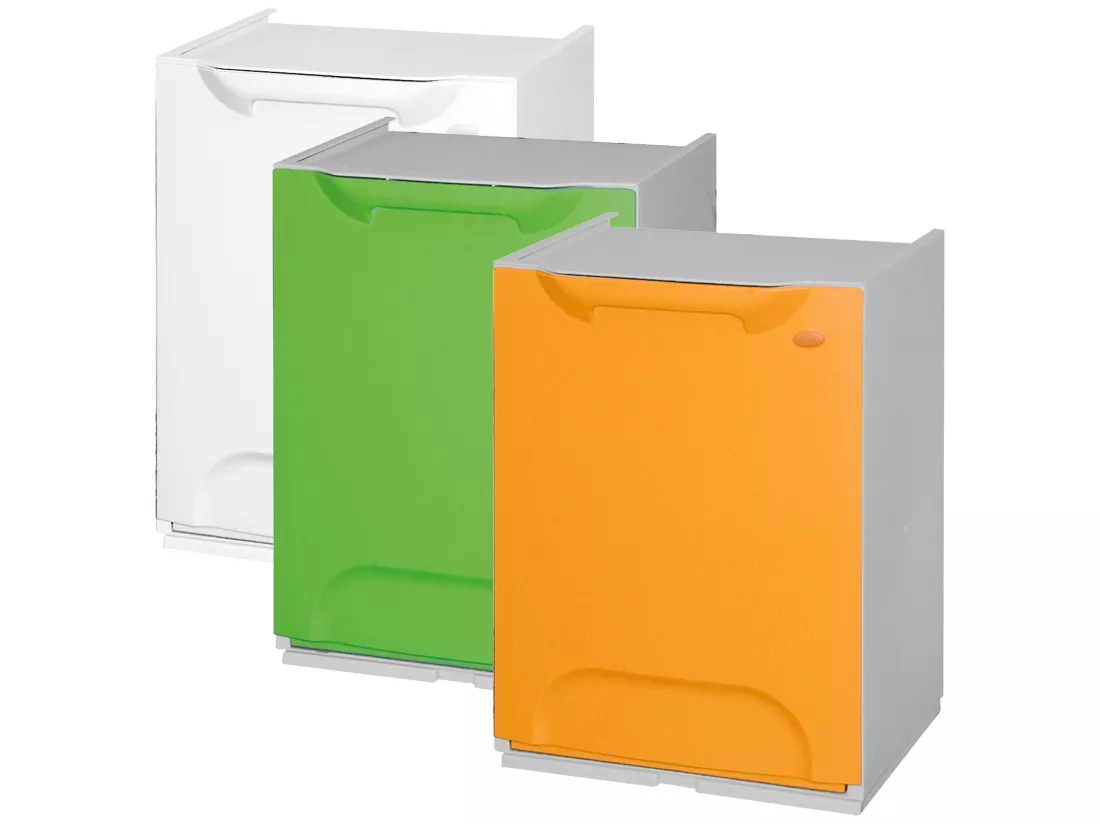 Paquet de 3 bacs de recyclage en polypropylène vert, jaune et blanc, avec dépôt à l'intérieur, 60 L au total